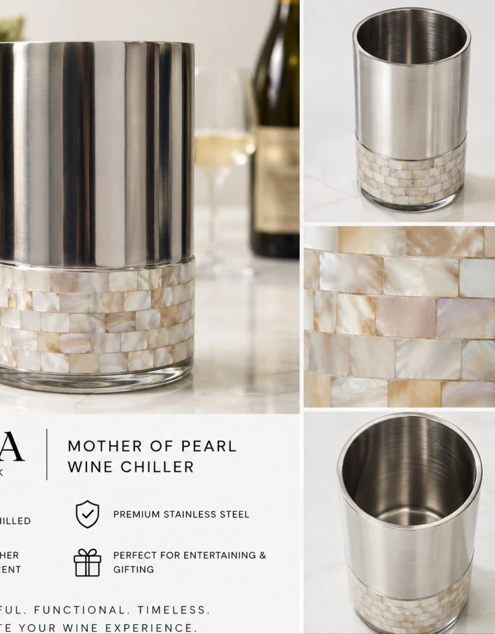 ANNA New York Mother of Pearl Wine Chiller – Stainless Steel – Luxury Barware